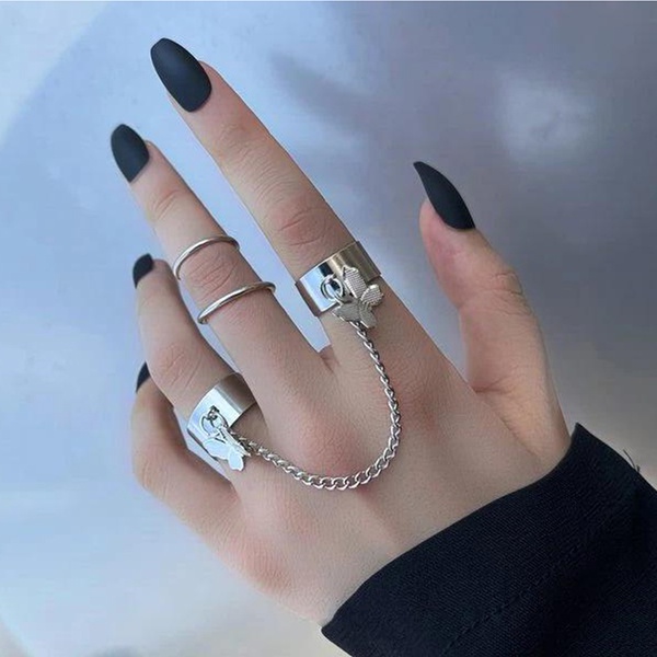 Cincin Model Terbuka Desain Kupu-Kupu + Rantai + Mutiara Gaya Punk / Hip Hop Adjustable Untuk Wanita