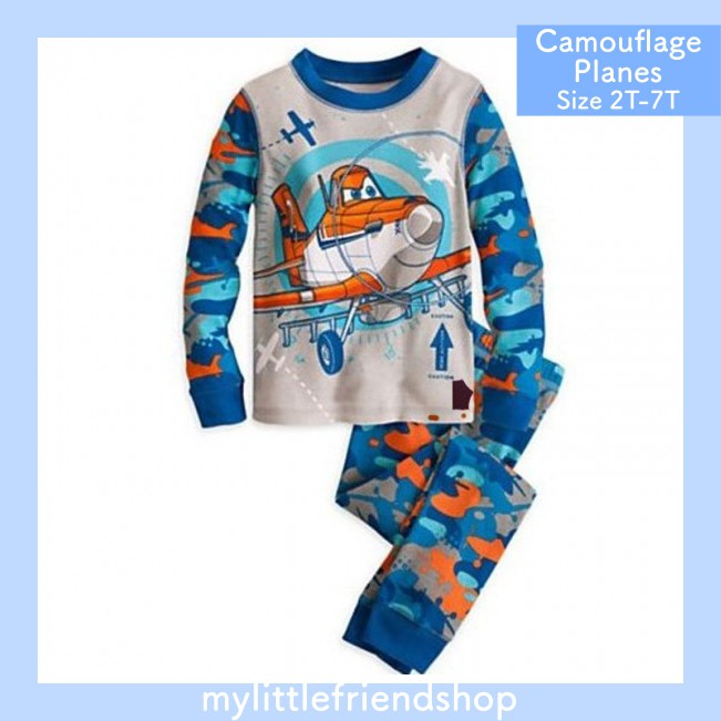 Setelan Baju Tidur Camouflage Planes / Piyama Anak Laki-Laki Tangan Panjang / Lembut Nyaman Impor