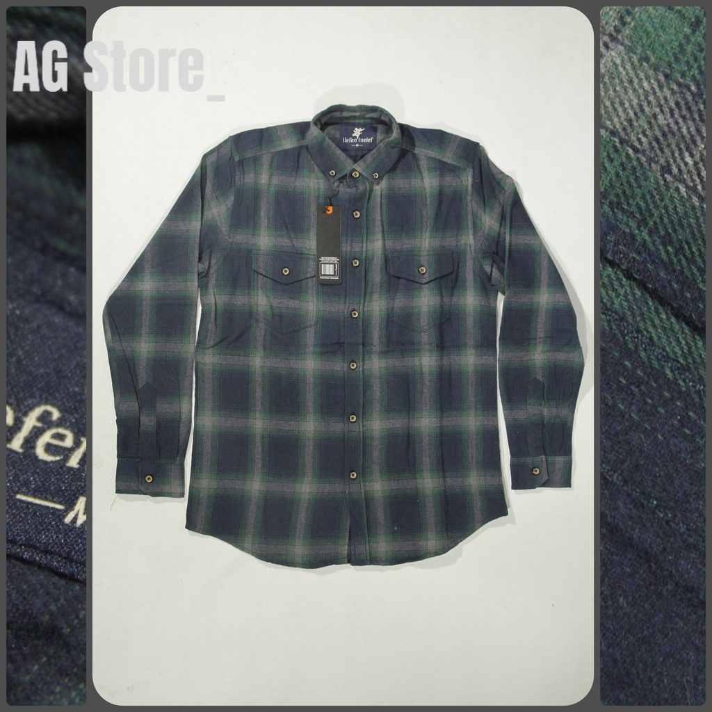 COD Kemeja Flanel Unisex Lengan Panjang Slimfit | Ilefen Tuelef Green Motif Kotak 100% Original Brand