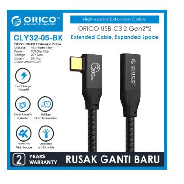 Cable type-c extension orico 50cm Cm-Cf 20Gbps 100w 5a 4k 60hz L shape CLY32-05 - Kabel usb-c 3.2 male female 0.5m 90 degree