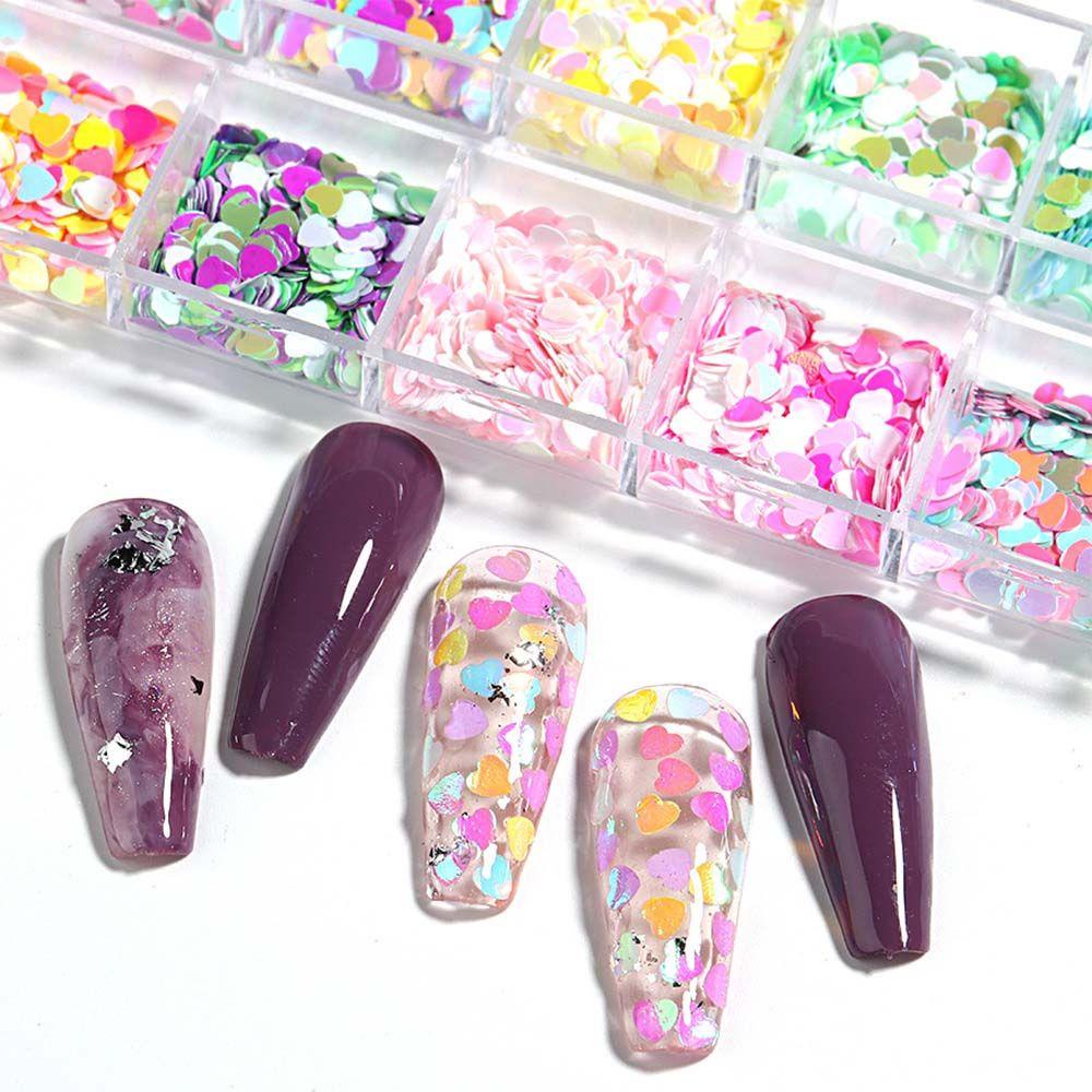 NEEDWAY Nail Art Sequin 12kisi Warna-Warni Pesona Kuku Manikur Aksesoris Nail Art Patchs Heart Nail Art Sequin