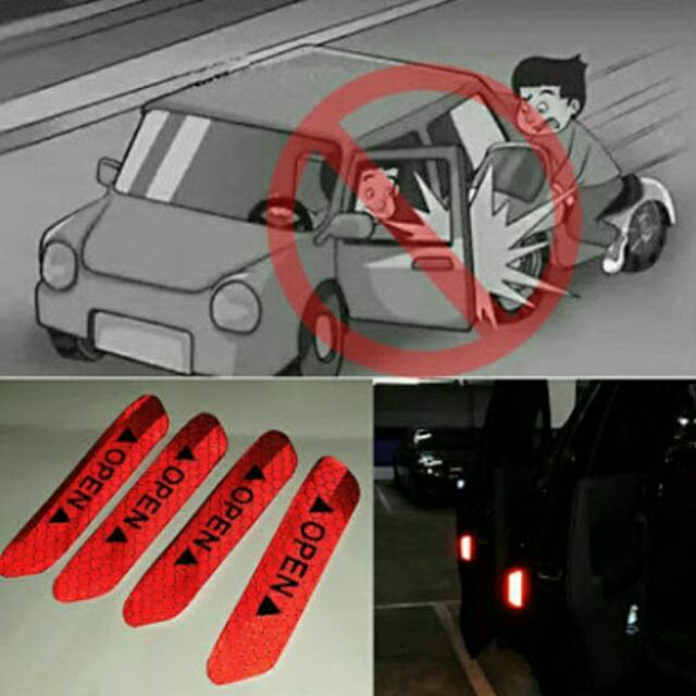 4Pcs 1 Set Red Merah Sticker Reflektif Stiker Pintu Mobil Open Car Pantul Universal Safety Murah