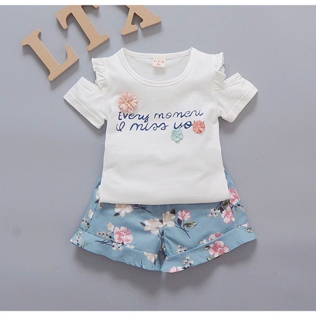Baju setelan anak perempuan kaos+celana pendek baju set anak cewek lucu style import-Putih