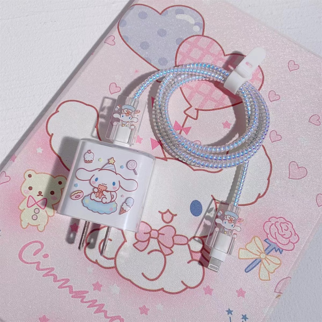 5 In 1 Pelindung Kabel Data / Charger Bahan TPU Motif Smiley + Pita Ungu + Pink Untuk Apple 18 / 20W