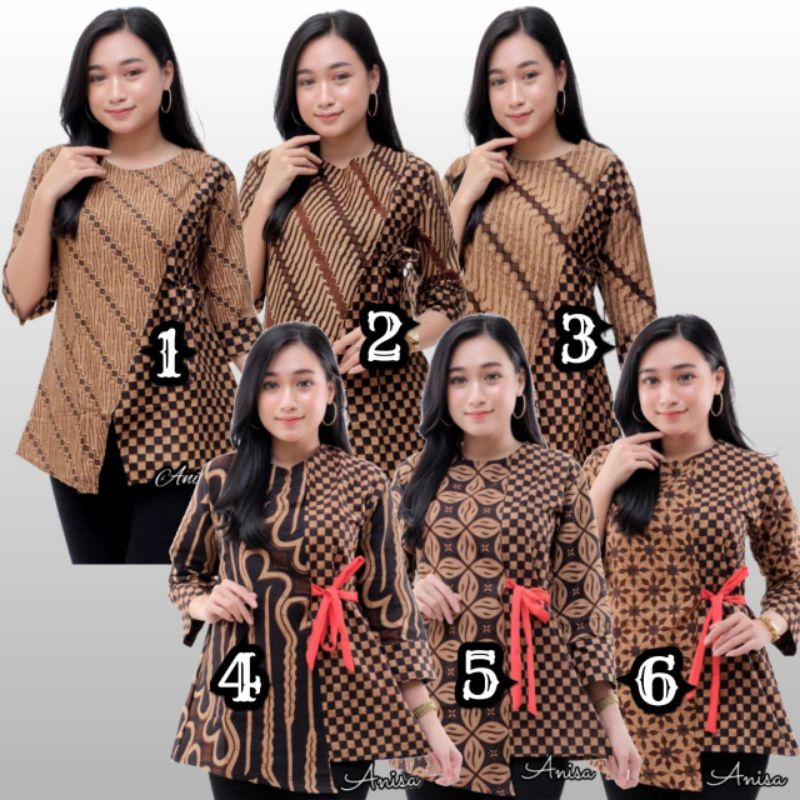 Batik Dolby Dolbi Dobby Doby Batik Wanita Atasan Lengan 7/8 dan Pendek Model Kombinasi Warna Coklat