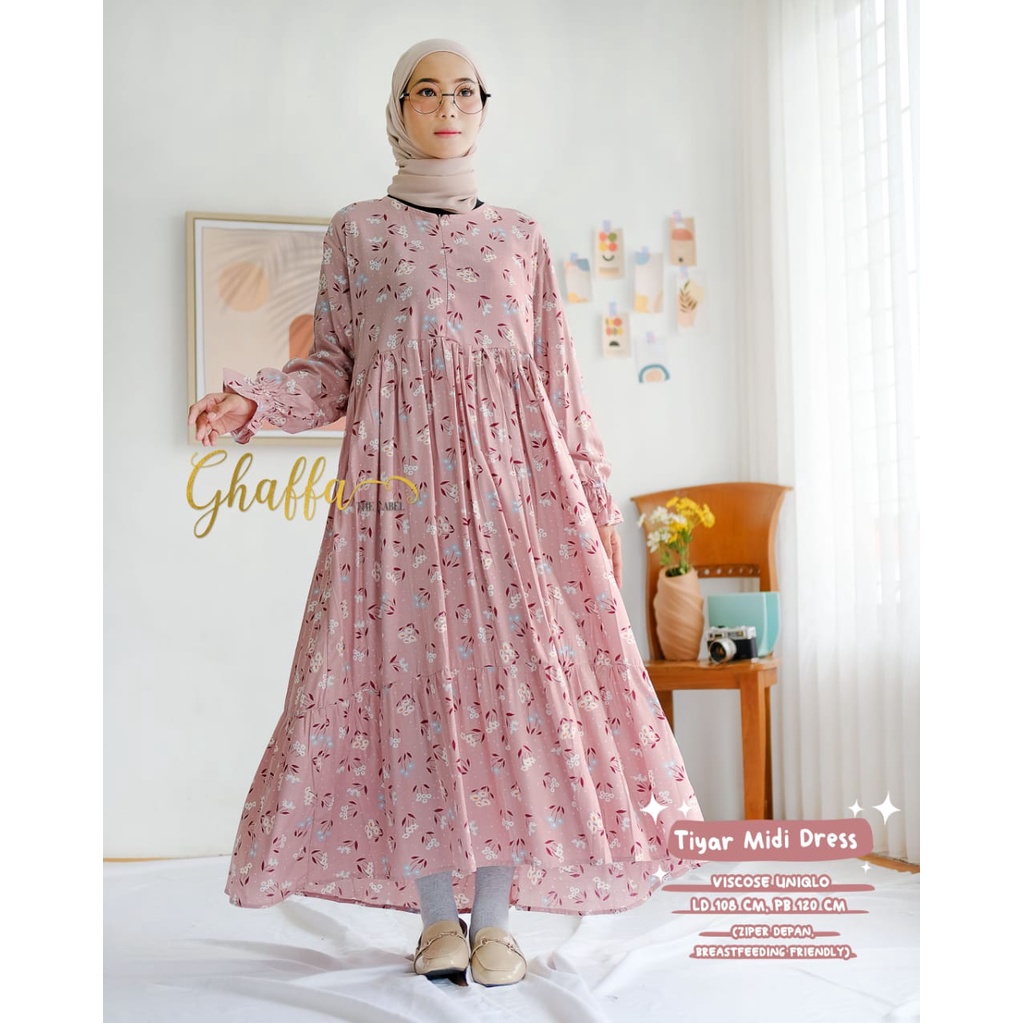 MIDI DRESS/GAMIS BUSUI DENGAN ZIPPER DEPAN ~ BAHAN VISCOSE UNIQL0 ~ TIYAR MIDI DRESS ORIGINAL GHAFFA