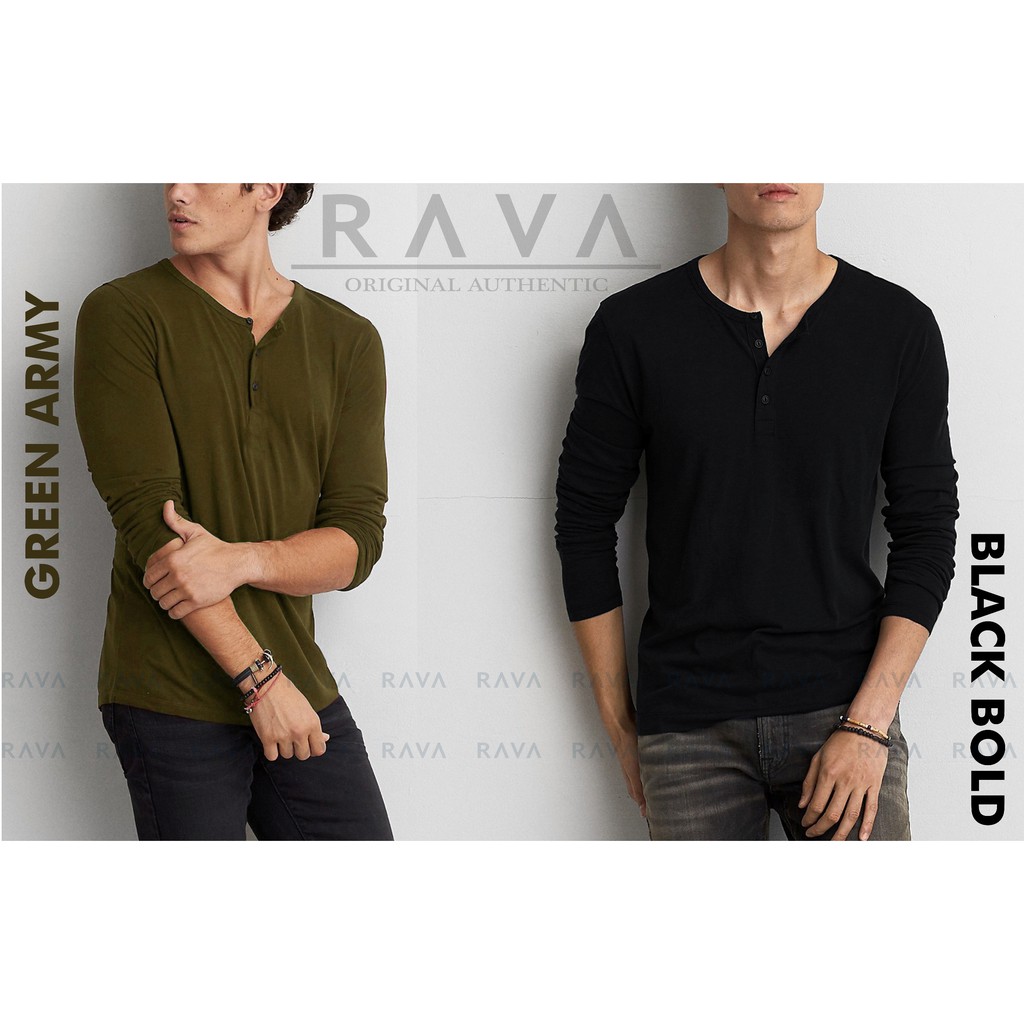 RAVA Baju Kaos  Pria Henley Berkancing  Lengan  Panjang  