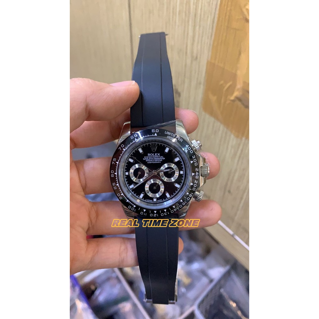 JAM TANGAN REAL ROLEX DAYTONA RUBBER SILVER BLACK MATIC 42MM GARANSI 1TH