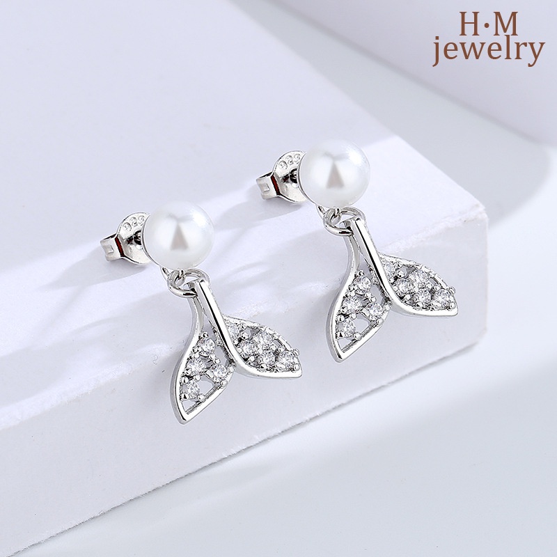 Anting Tusuk Sterling Silver 925 Model Ekor Ikan Dengan Mutiara Untuk Wanita