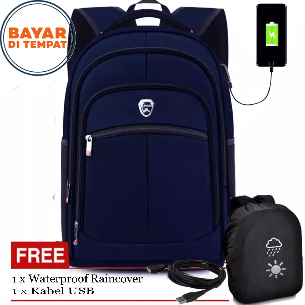 6.6 Shopee Belanja Gratis!! Tas Ransel USB Import Asli POLO PL183 Tas Pria Wanita Backpack Laptop Free Kabel USB - Biru