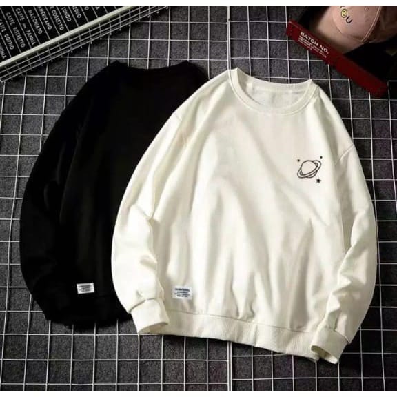 SWEATER CREWNECK OBLONG BASIC PLANET HITAM PUTIH PRIA WANITA BAHAN FLEECE LEMBUT