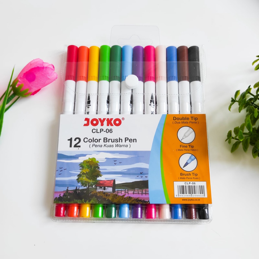 BRUSH PEN 12 COLOR CLP-06 JOYKO DUAL TIP DOUBLE BRUSH ALAT TULIS KEKINIAN UNIK LUCU MURAH