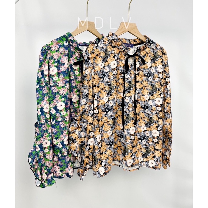 MDLV ~ 6323# Blossom Tie Neck Top Atasan Blouse Flower Baju Korea Fashion import