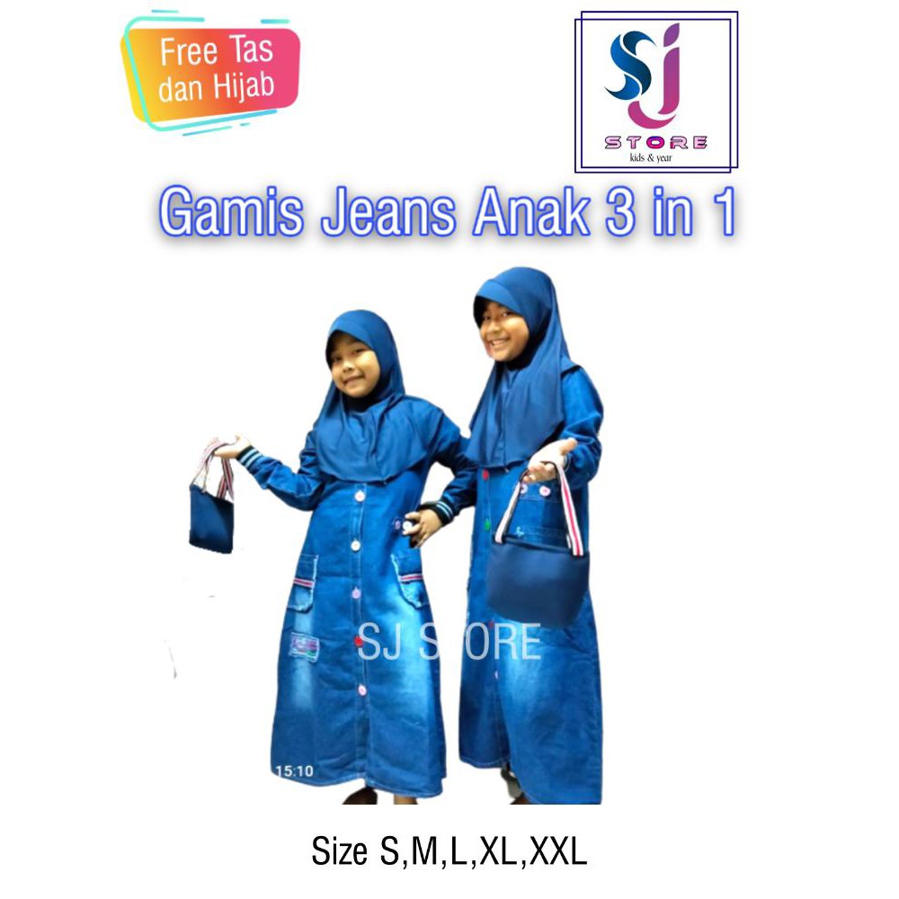 Baju Gamis Jeans Anak Perempuan / Pakaian Muslim Anak Perempuan 3in1 4 Sampai 11 Tahun