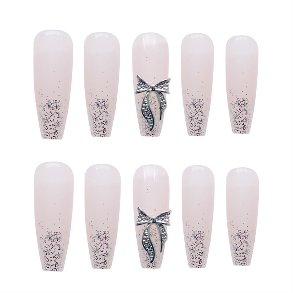 24 Pcs Patch Kuku Palsu Desain Hati Pita Beruang Aksen Glitter Untuk Aksesoris Perempuan