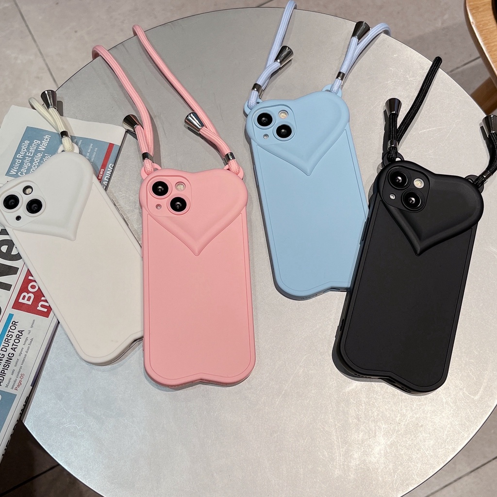 Soft case Silikon Motif Hati 3D Dengan Lanyard Untuk iPhone 13 Pro MAX 12 11 Pro MAX X XS MAX XR 7 + 8 Plus