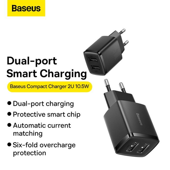 Baseus Compact Adapter Dual USB Port 10.5W - Mini Dual EU Plug Adapter - Recommended for ACC - Garansi Resmi 6 Bulan