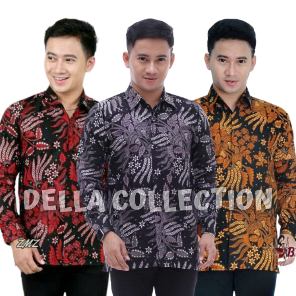 Kemeja Batik Pria Lengan Panjang Batik Manggar Abu Kuning Merah Modern Exclusive