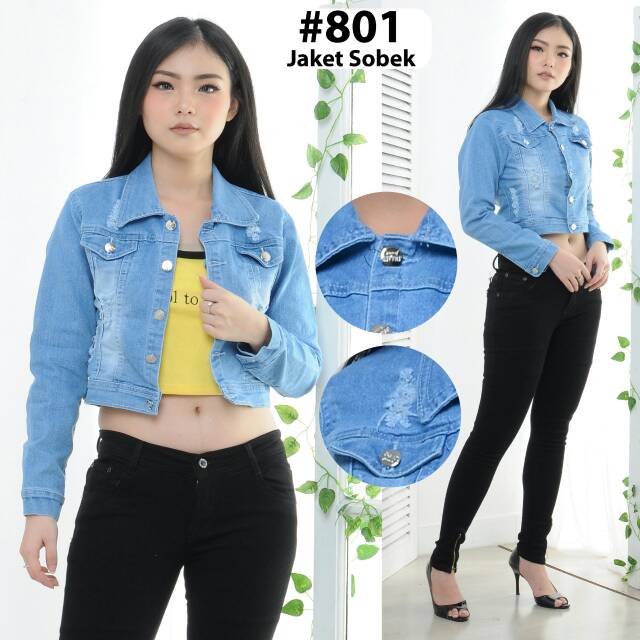 MC girl Jaket Jeans Sobek Body Pendek Wanita