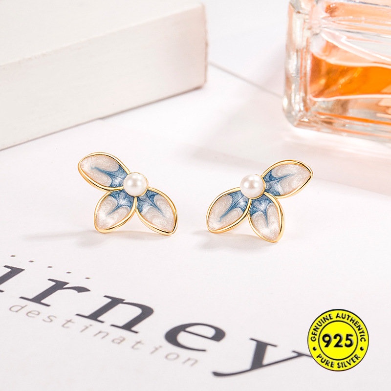 Anting Tusuk Motif Bunga Hias Mutiara Imitasi Warna Biru Muda Untuk Wanita / Musim Panas U928