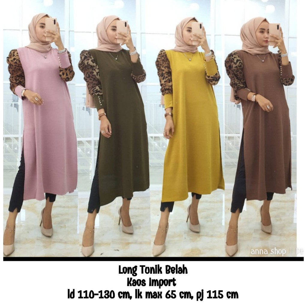 long tunik belah model lengan balon jumbo motif mix leopard