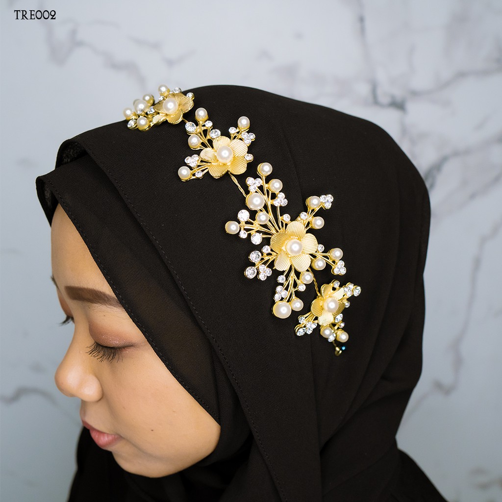 [PRODUK TERLARIS] HEADPIECE HIJABERS TIARA ASESORIS WEDDING EMAS BUNGA TRE002