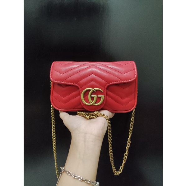 Sling bag rantai GUC*I MARMONT MINI RED | sling mini gucay kulit asli | preloved