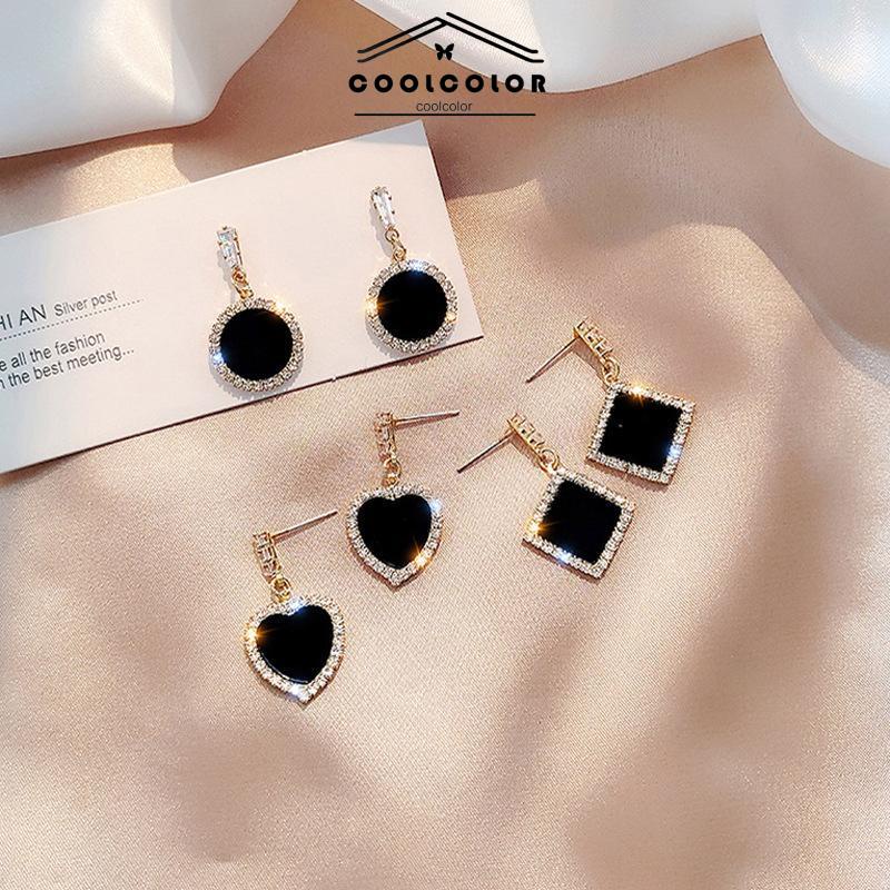COD❤️1 Sepasang Anting Perak 925 Pejantan Pejantan Geometris Berlian Hitam Wanita Aksesoris Fashion Mewah Korea
