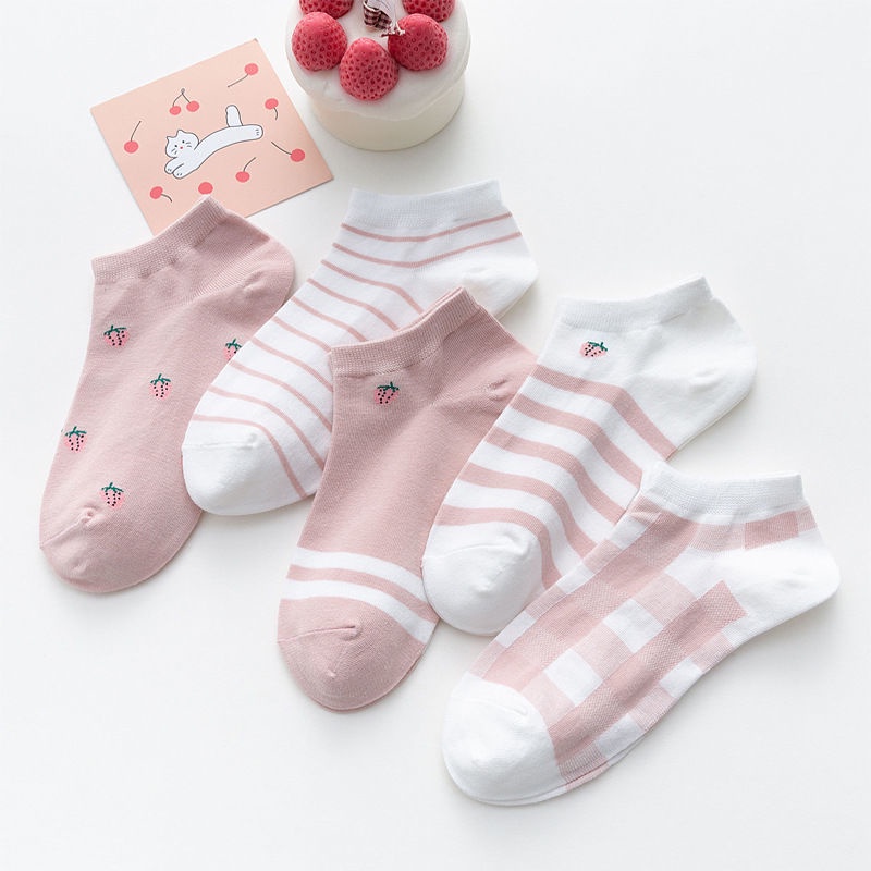 ❀ Chingu ❀ KK028 Kaos Kaki (Tanpa Kemasan) Wanita Tipis Pendek Semata Kaki Motif Kotak Pink Strawberry Fashion Korea Women Sock Import Murah