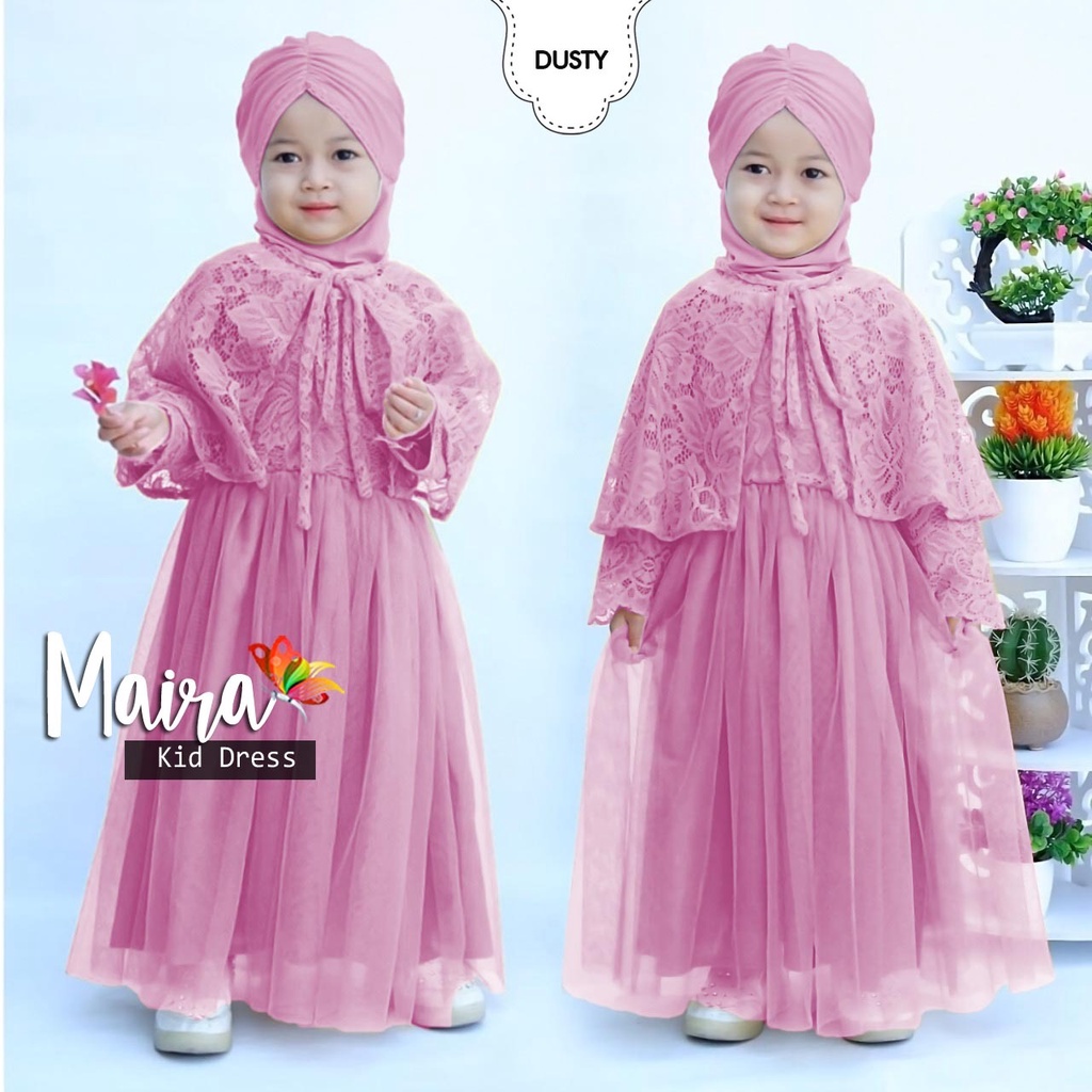 DRESS MAIRA KID ANAK, BRUKAT FURING, GAMIS HIJAB MUSLIM, MAXY DRESS, 2 UKURAN