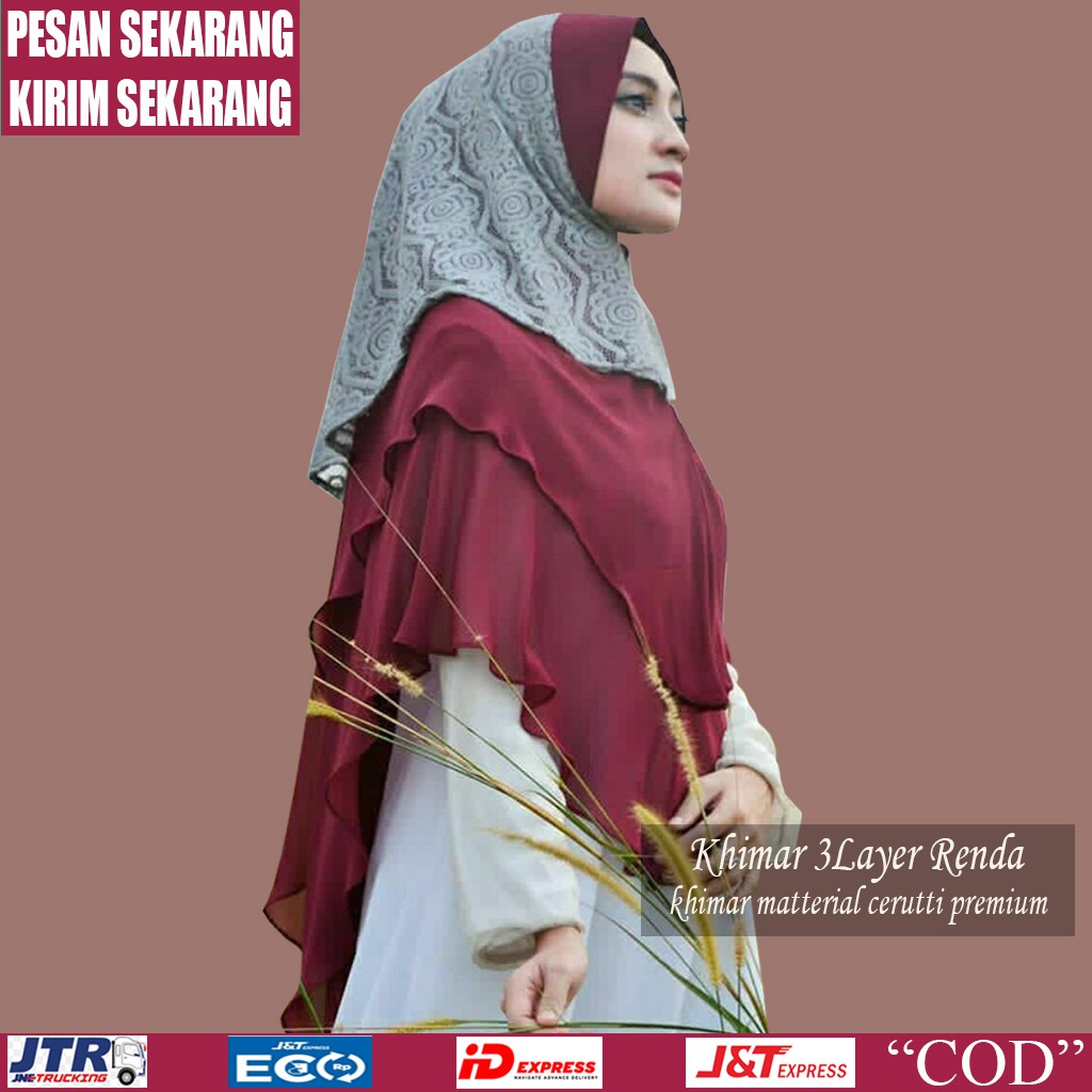 Hijab Jilbab Kerudung Khimar Syari Jumbo 3Layer Ped Pet Ceruty Ceruti Renda COD 3LayerRendaAnjela2