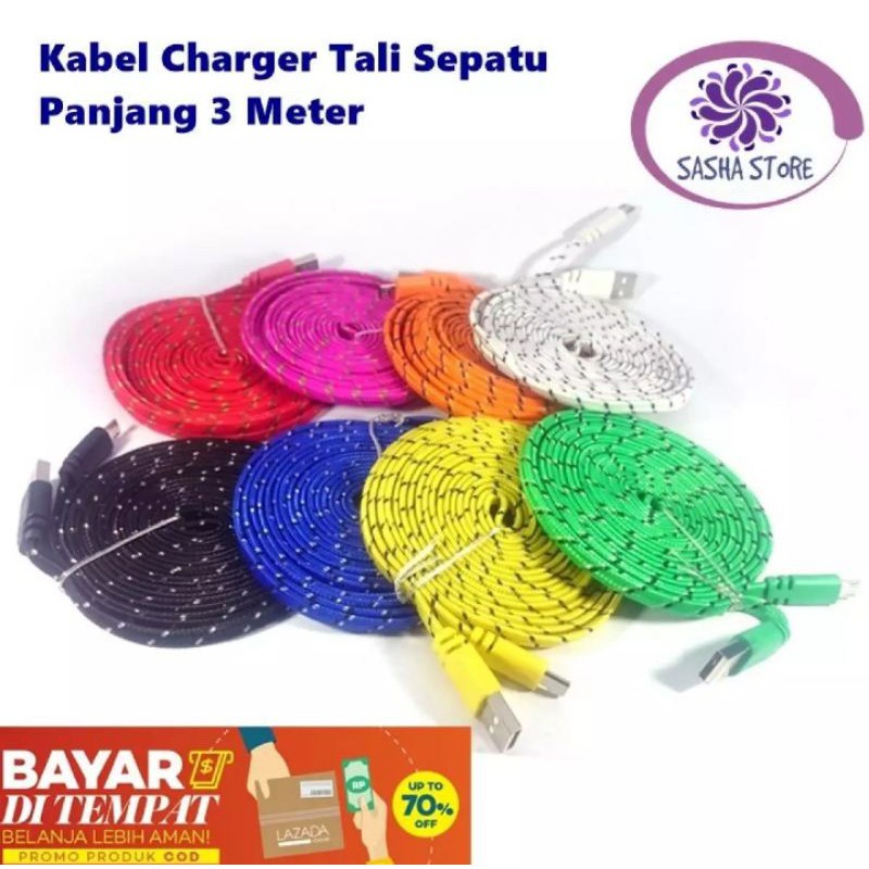 Kabel Data 3 Meter Model Tali Sepatu Cable Charger 3 meter/Kabel Data For Samsung XiaoMi Vivo Oppo