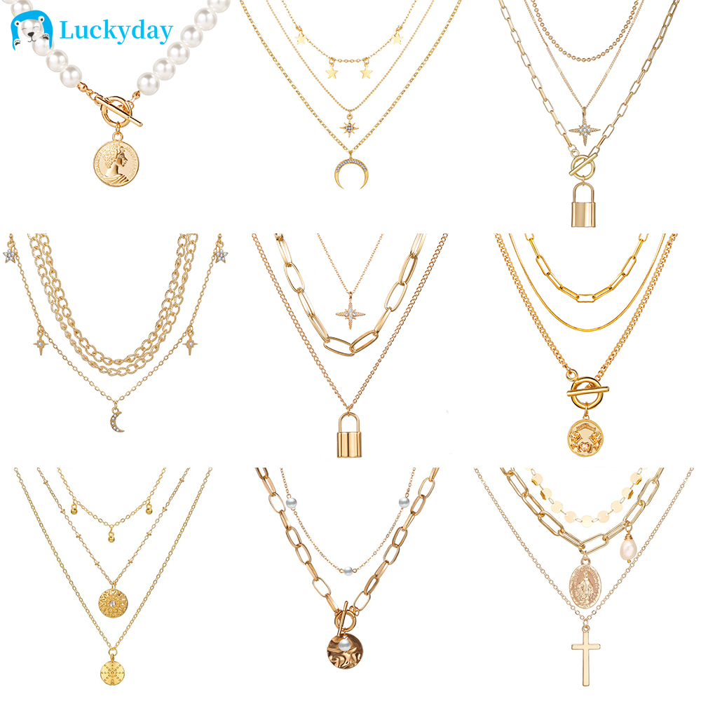 YEEZII 20Types Korea Multilayer Kalung Emas Liontin Fashion Retro Bohemian Kalung Emas Rantai Wanita Perhiasan Aksesoris