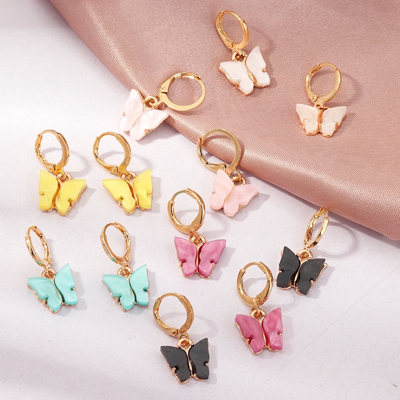 Set Anting Dan Kalung Desain Kupu-Kupu Warna-Warni Gaya Retro Korea Untuk Wanita