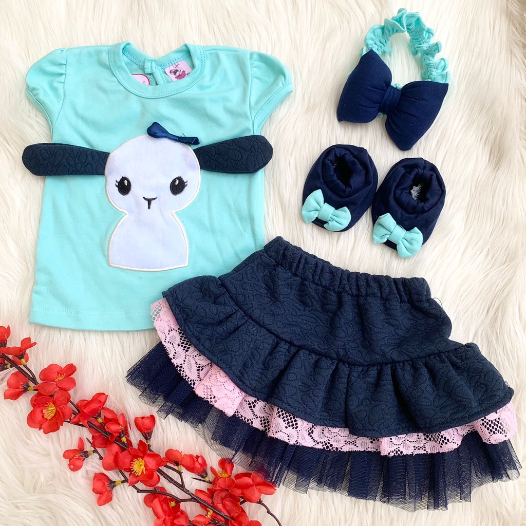 Baju setelan kaos rok tutu bandana sepatu fashion anak bayi cewek perempuan baby girl murah -she