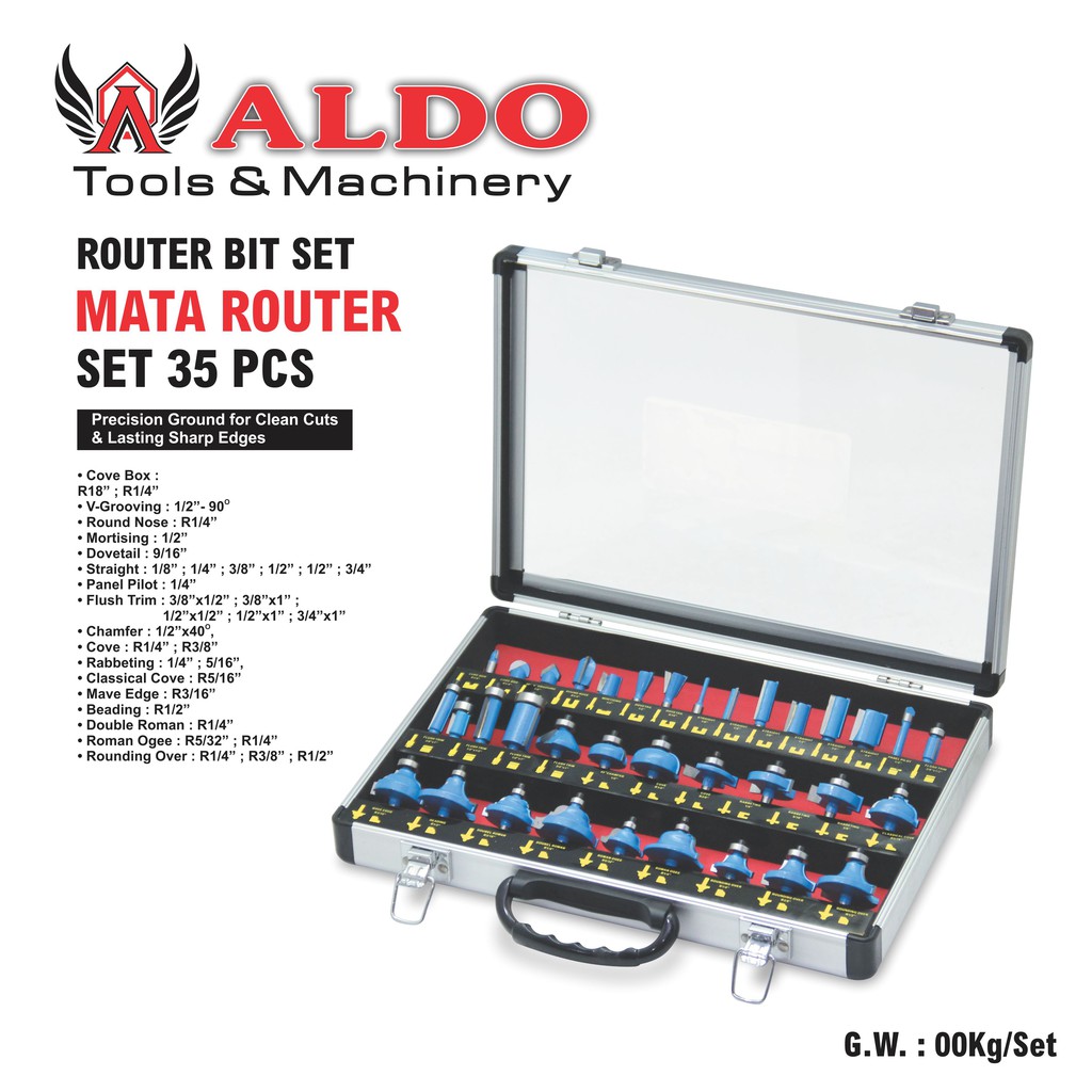 MATA ROUTER BIT SET 35  PCS BOX ALLUMINIUM / ROUTER BIT SET MERK ALDO