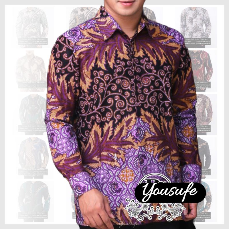 Kemeja Batik Pria Lengan Panjang Katun Halus Terbaru Tidak Menerawang Motif Daun Ungu DU01