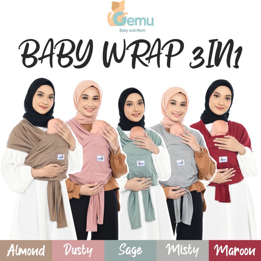 GEMUBABY Gendongan Bayi Depan M Shape Baby Wrap 3in1 Geos Baby Instan Premium with Sash Belt Warna Soft