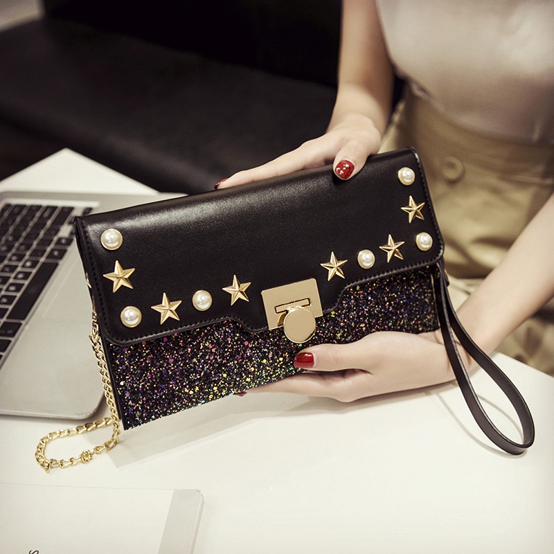 BJ81869 - BLACK/GRAY/PINK - TAS PESTA CLUTCH SLEMPANG TALI RANTAI DOMPET WANITA FASHION IMPORT MODIS ELEGAN TERMURAH TERLARIS TERBARU BAGSTORE JAKARTA TAS BATAM GT1869