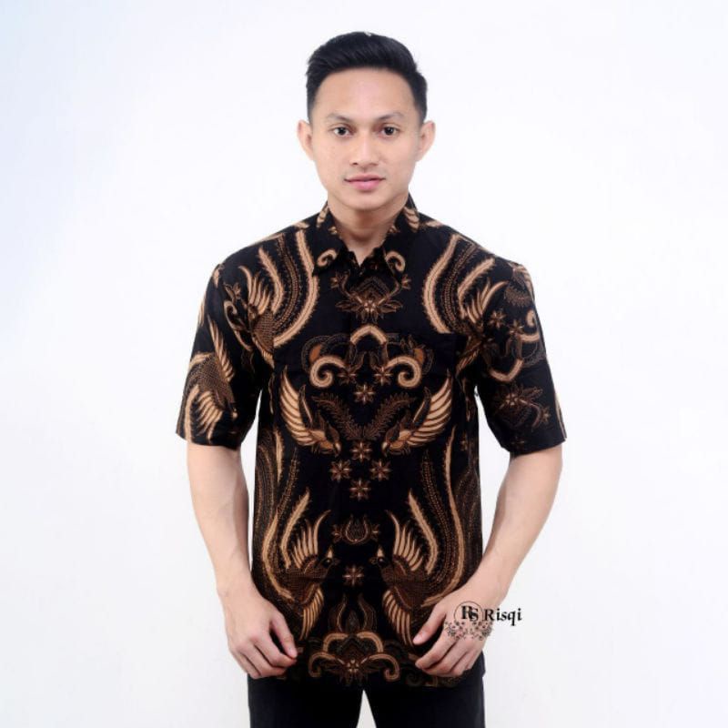 merak toska hem batik pria lengan pendek ukuran reguler M L XL-Hem Ironman Hitam