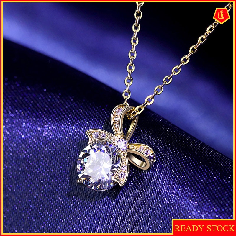 [Ready Stock]18K Gold Zircon Bow Pendant European and American Ins Necklace