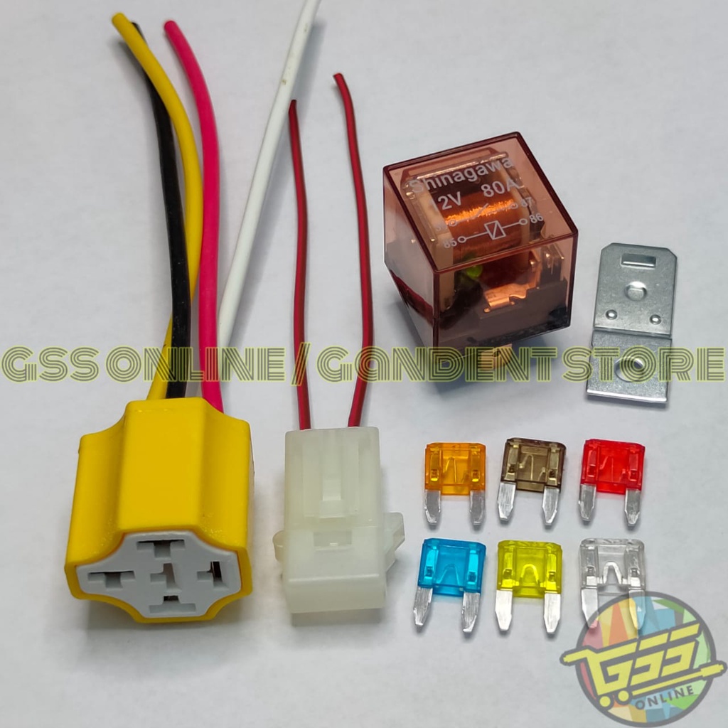 Paket lengkap Relay 4 kaki 12v 80a kaki 4 socket relay KERAMIK kaki 4 dan rumah sekring mini DX BONUS FUSE