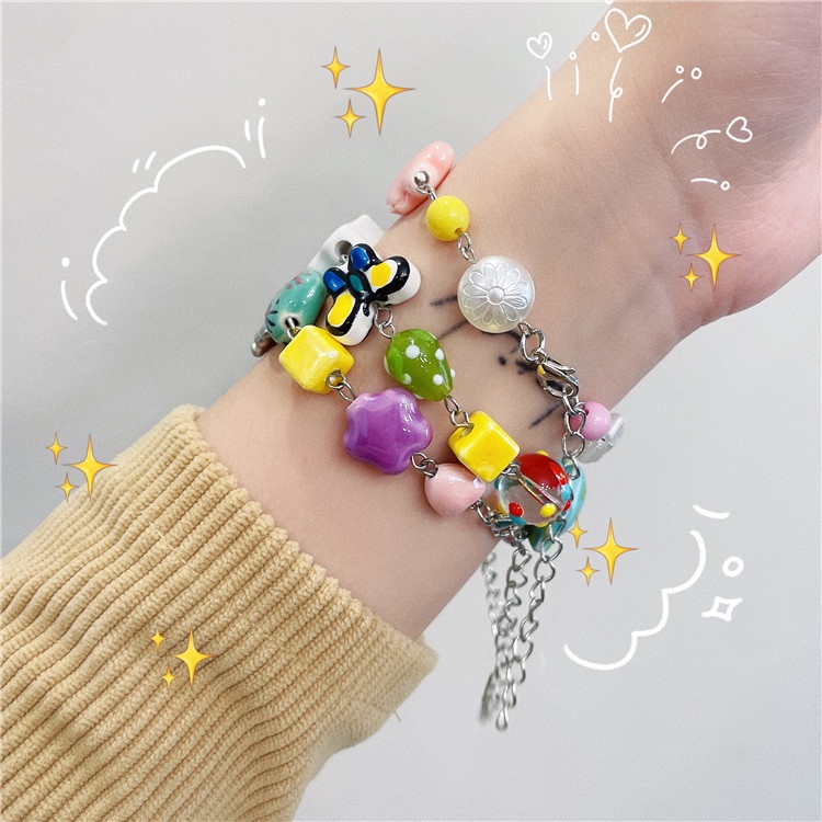 Set Gelang Rantai Desain Kartun Bunga Hati Butterfly Bintang Smiley Untuk Wanita