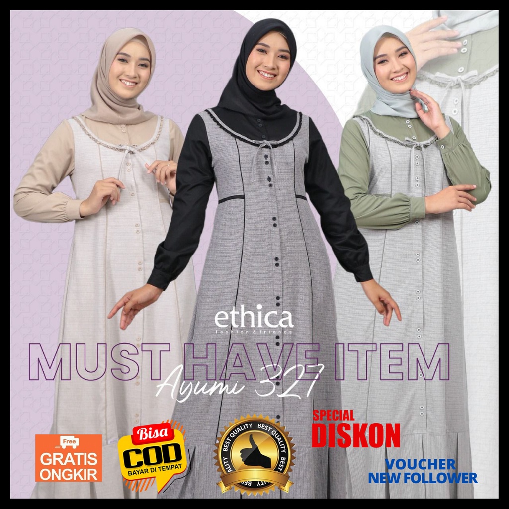 Baju Dress Gamis Kodok Wanita Rok Ethica Ayumi 327 Warna Green Hijau Black Hitam Cream Krem Dewasa J