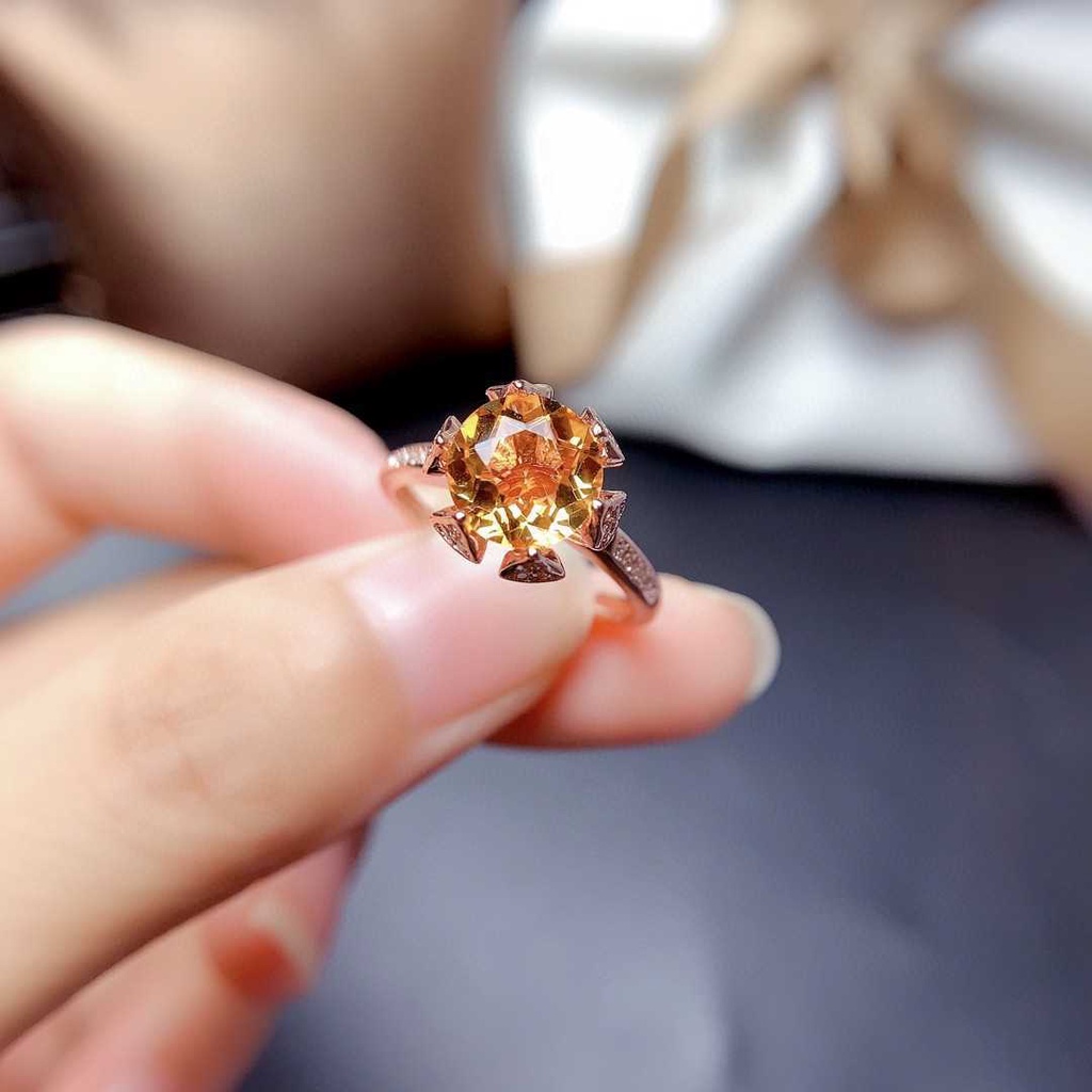 perak asli 925 cincin Wanita Batu Permata Kuning Batu Permata Cincin Dapat Disesuaikan Fashion Perhiasan