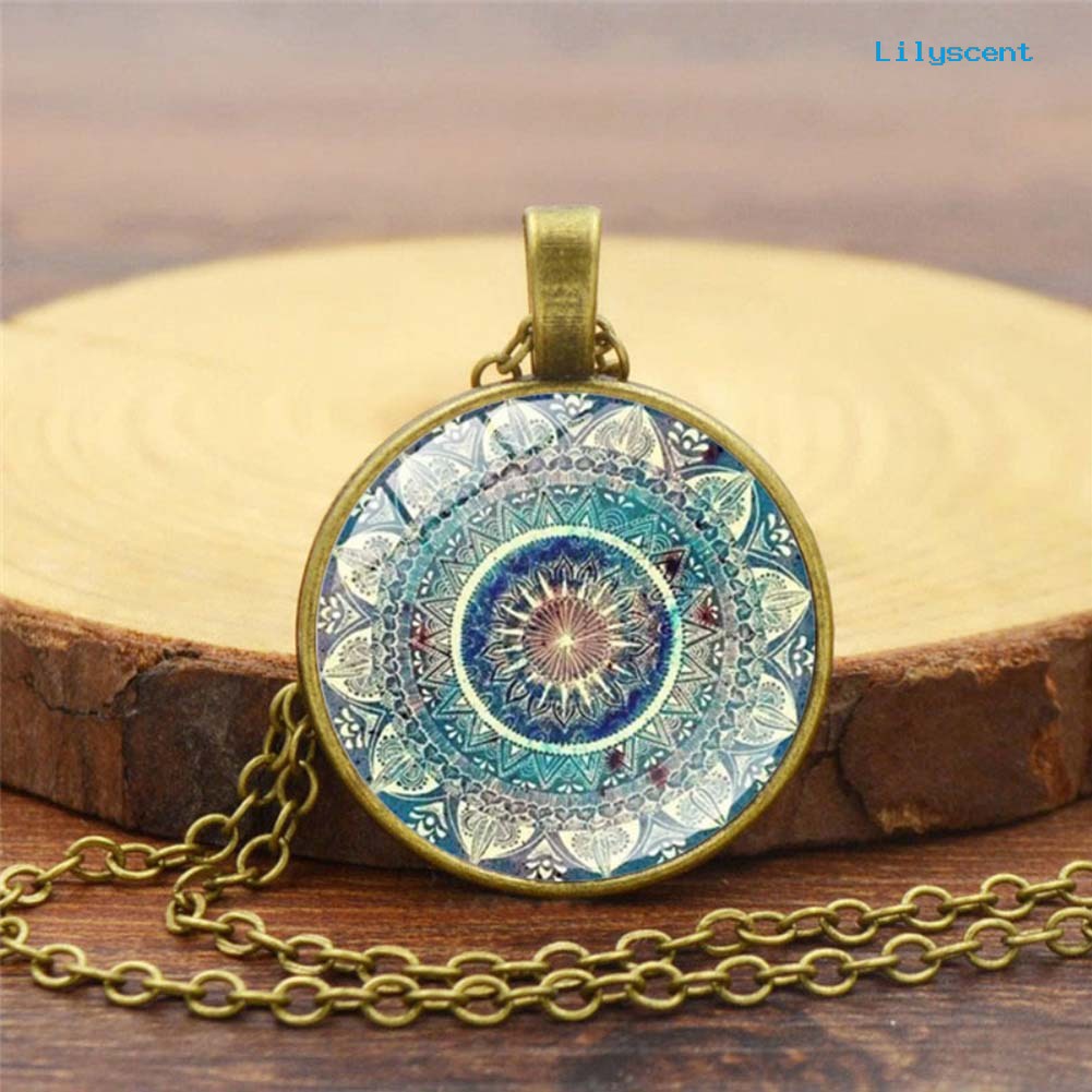 Kalung Rantai Panjang Dengan Liontin Kaca Cabochon Motif Mandala Gaya Vintage Untuk Wanita