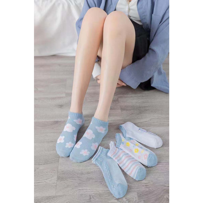 ☀ Sunly ☀ A100 Kaos Kaki Wanita Motif Bunga Biru Fashion Korea Women Sock Import Murah