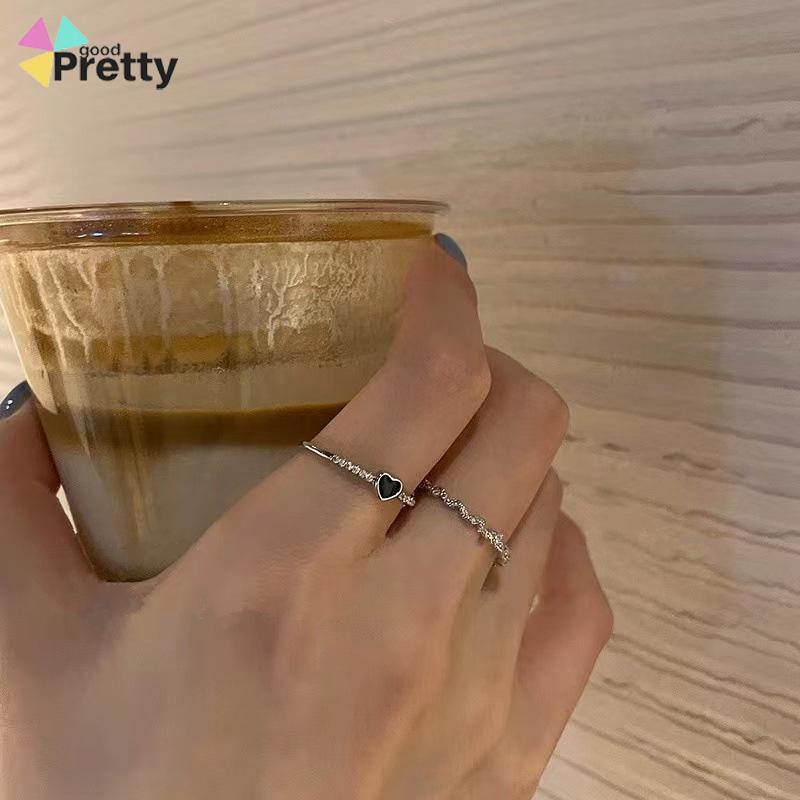2Pcs Cincin Jari Telunjuk Bahan Zirkon Warna Hitam Untuk Wanita - PD