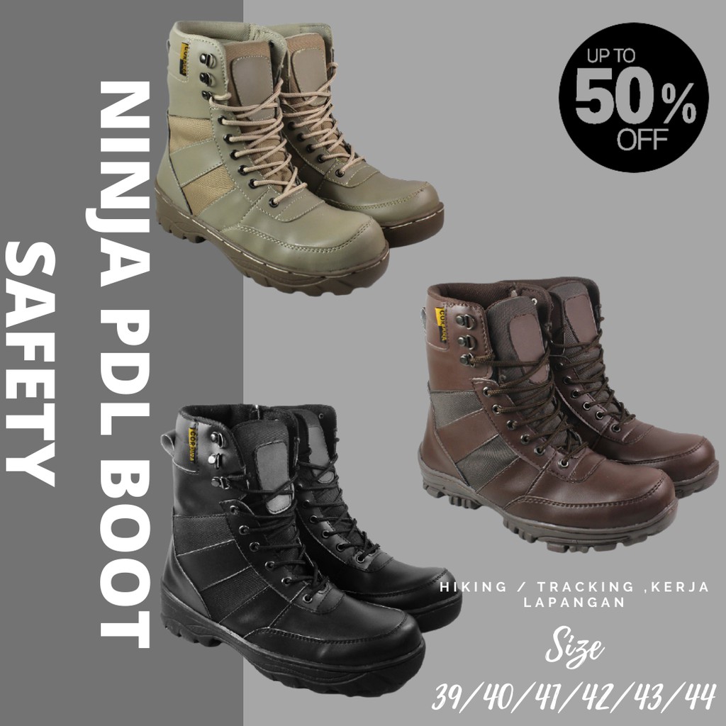 Sepatu Boots Safety Pria Ninja PDL Tinggi 8 Inci Ujung Besi Kerja Lapangan Hitam - Coklat - Cream