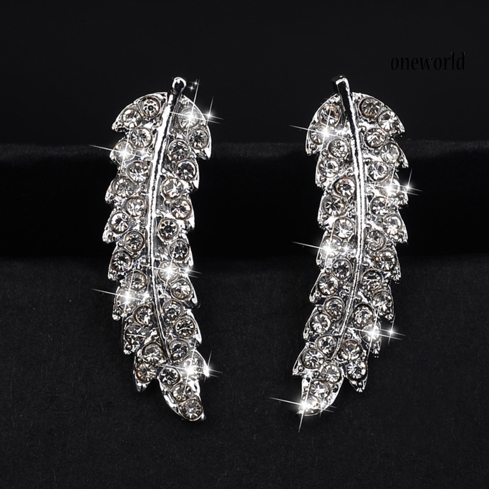 OW@ Women Full Rhinestone Inlaid Leaf Shape Stud Earrings Piercing Jewelry Gift